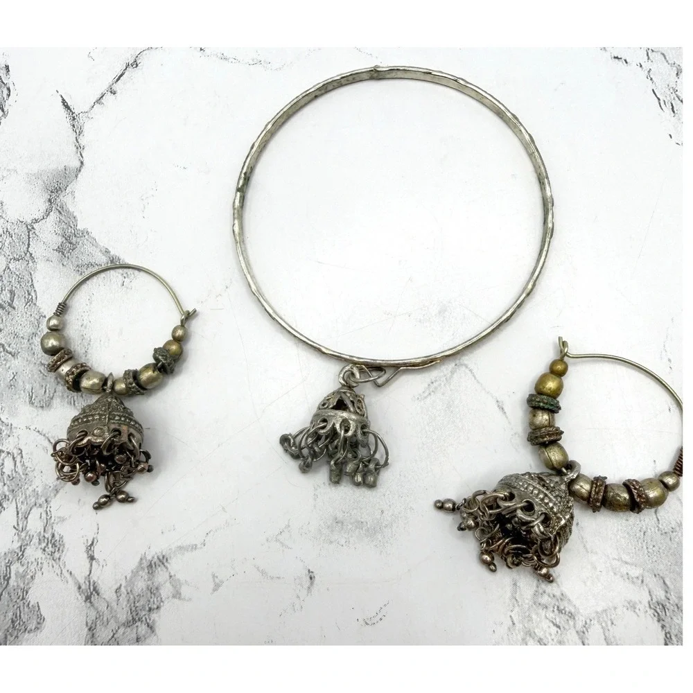 Silver Tone Filigree Dangle Bangle Bracelet Earrings Coordinating‎ Set Boho